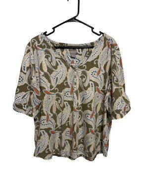 Chicos Paisley Print Scoop Neck Top XL Olive/Orange/Blue Cotton/Modal Blend